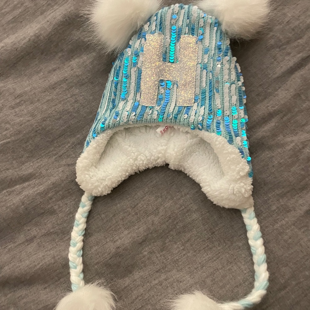 Justice Sequin Initial "H" Pompom Earflap Trapper Blue White Hat Girls